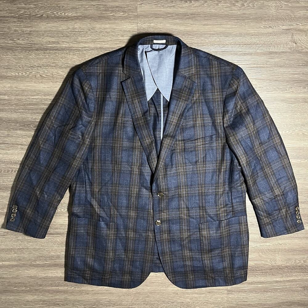 Peter Millar Soft Wool Sport Coat Men's 2XL R Navy Brown Plaid Unstructured EUC